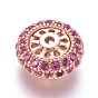Brass Micro Pave Cubic Zirconia Spacer Beads, Flat Round, Deep Pink