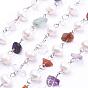 Handmade Natural Gemstone Beaded Chains, Unwelded, with Grade A Pearl Beads and 304 Stainless Steel Eye Pin, Platinum