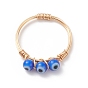 Lampwork Evil Eye Braided Bead Finger Ring, Golden Copper Wire Wrap Jewelry for Women