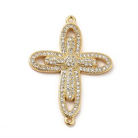 Eco-Friendly Rack Plating Brass Micro Pave Clear Cubic Zirconia Connector Charms, Lead Free & Cadmium Free, Long-Lasting Plated, Religion Cross Links