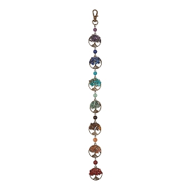 Chakra Natural Amethyst & Lapis Lazuli & Red Aventurine & Green Aventurine & Tiger Eye & Red Jasper & Synthetic Turquoise Home Hanging Decorations, Flat Round with Tree of Life