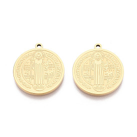 304 Плоские круглые католические религиозные подвески из нержавеющей стали, святой бенедикт прелести, ионное покрытие (ip)