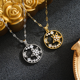 Brass Pave Clear Cubic Zirconia Ring with Star Moon Pendant 201 Stainless Steel Dapped Chain Necklaces for Women, Ion Plating(IP)