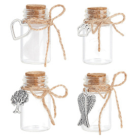 4шт 4 стили прозрачные стеклянные трубки бутылки желаний, с подвесками в виде крыльев в виде сердца, собачьей лапки и пробковой пробкой в тибетском стиле, для золы из костей домашних животных