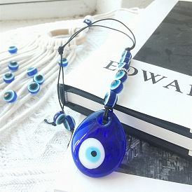 Handmade Blue Teardrop with Evil Eye Glass Pendant Decorations, Polyester Cord Wall Hanging Ornaments