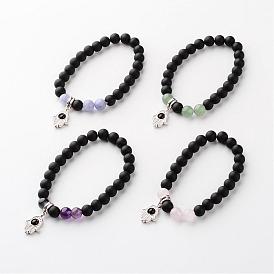 Alloy Charm Bracelets, with Frosted Black Stone and Natural Gemstone Beads, Hamsa Hand/Hand of Fatima /Hand of Miriam