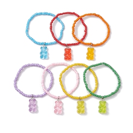 7Pcs 7 Colors Glass Seed Beaded Stretch Bracelets, Transparent Resin Bear Charm Kid Bracelets for Girls