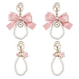 4 шт. 2 стили брелки с подвеской в виде цветка из сплава и ткани с бантом, с пластиковой бусинкой, имитирующей жемчуг