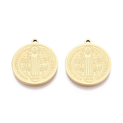 304 Плоские круглые католические религиозные подвески из нержавеющей стали, святой бенедикт прелести, ионное покрытие (ip)