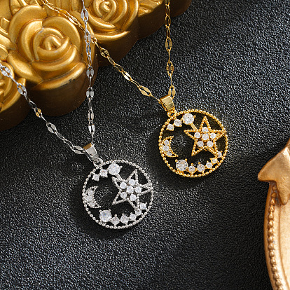 Brass Pave Clear Cubic Zirconia Ring with Star Moon Pendant 201 Stainless Steel Dapped Chain Necklaces for Women, Ion Plating(IP)