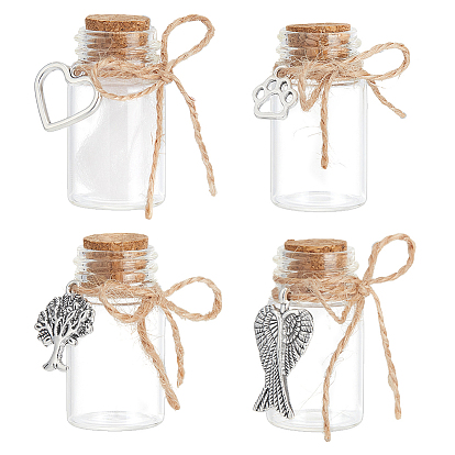 4шт 4 стили прозрачные стеклянные трубки бутылки желаний, с подвесками в виде крыльев в виде сердца, собачьей лапки и пробковой пробкой в тибетском стиле, для золы из костей домашних животных