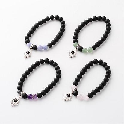 Alloy Charm Bracelets, with Frosted Black Stone and Natural Gemstone Beads, Hamsa Hand/Hand of Fatima /Hand of Miriam