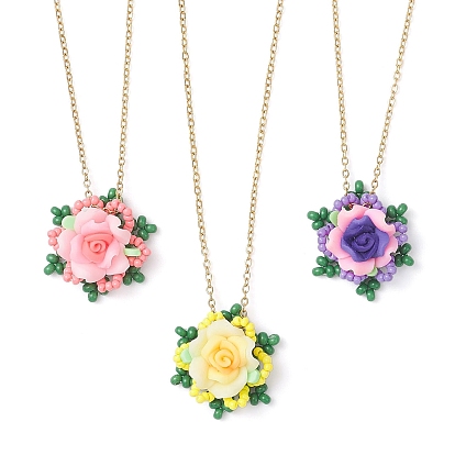3 шт. 3 подвеска из полимерной глины с цветком и стеклянными бусинами 304 ожерелья из нержавеющей стали с цепочкой, золотые