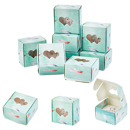 Foldable Creative Kraft Paper Gift Boxes, Jewelry Boxes, with Heart Clear Windows, Square with Feather Pattern