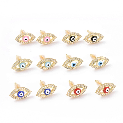 Enamel Horse Eye Stud Earrings with Clear Cubic Zirconia, Gold Plated Brass Jewelry for Women, Cadmium Free & Lead Free