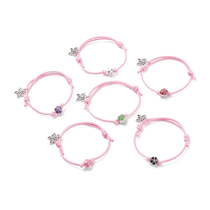 Flower Enamel Beaded Cord Bracelet with Butterfly Charm, Adjustable Friendship Bracelet for Women