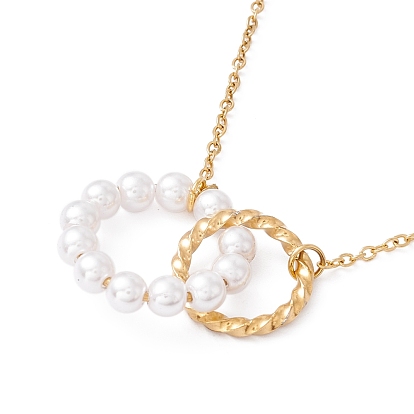 Plastic Pearl Beaded Interlocking Double Ring Pendant Necklace, Ion Plating(IP) 304 Stainless Steel Jewelry for Women
