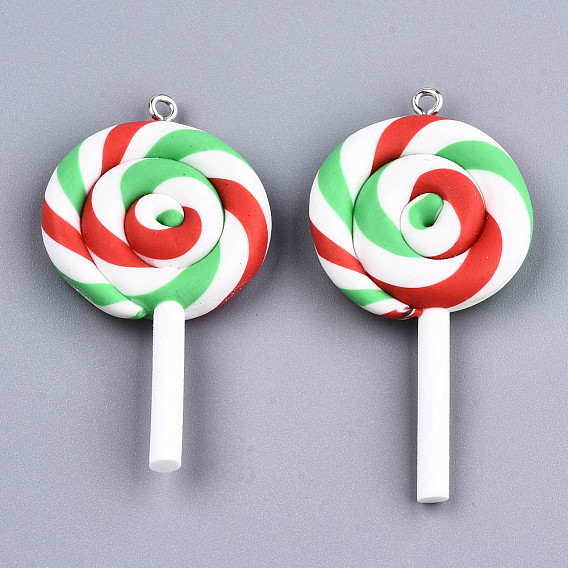 Handmade Polymer Clay Charms, with Platinum Tone Iron Findings, for Christmas, Lollipop