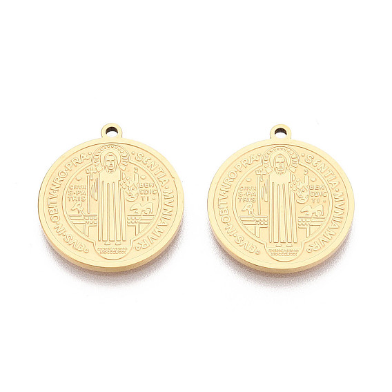 304 Плоские круглые католические религиозные подвески из нержавеющей стали, святой бенедикт прелести, ионное покрытие (ip)