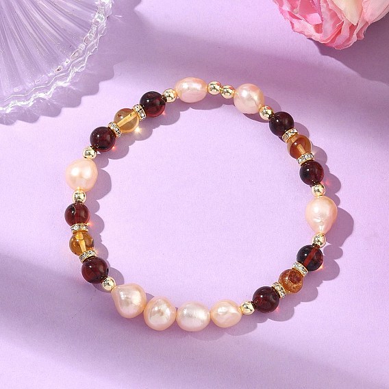 Эластичные браслеты для женщин из натурального пресноводного жемчуга и янтаря., круглые и самородки, С немагнитным синтетическим гематитом