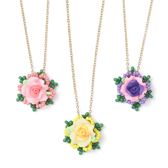3 шт. 3 подвеска из полимерной глины с цветком и стеклянными бусинами 304 ожерелья из нержавеющей стали с цепочкой, золотые