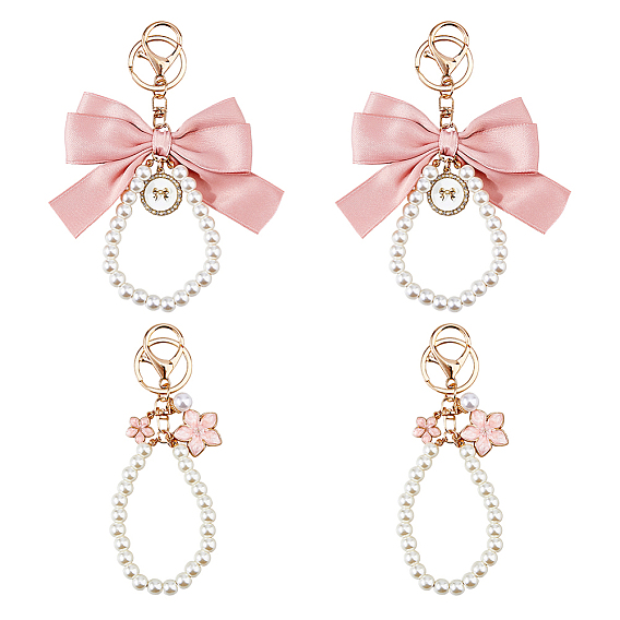 4 шт. 2 стили брелки с подвеской в виде цветка из сплава и ткани с бантом, с пластиковой бусинкой, имитирующей жемчуг