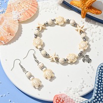 Starfish & Tortoise Synthetic Turquoise Beaded Stretch Bracelets & Dangle Earrings Kits, Alloy Jewely for Women