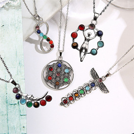 Seven-Color Gemstone Pendant Necklace with Copper Inlay and Crystal Decoration