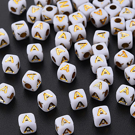 Opaque White Acrylic Beads, Metal Enlaced, Cube with Letters