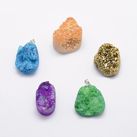 Electroplated Natural Druzy Crystal Pendants, with Real Platinum Plated Brass Finding, Nuggets