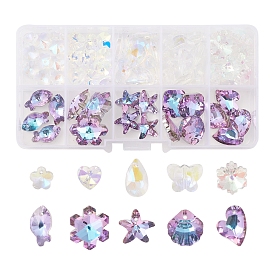 70Pcs 10 Style Electroplate Glass Pendants, Faceted, Heart & Butterfly & Snowflake & Fish & Shell Charms