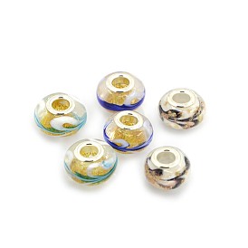 Main or sable chalumeau grand trou européen perles de rondelle, avec couleur argent plaqué doubles noyaux de cuivre, 15x10mm, Trou: 5mm