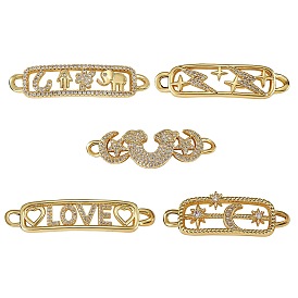 5Pcs 5 Style Brass Micro Pave Clear Cubic Zirconia Links Connectors, Long-Lasting Plated, Rectangle & Moon