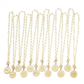 Flat Round with 12 Constellation/Zodiac Sign Pendant Necklaces Sets, with Brass Paperclip Chains, 304 Stainless Steel Pendants and Toggle Clasps, Real 18K Gold Plated