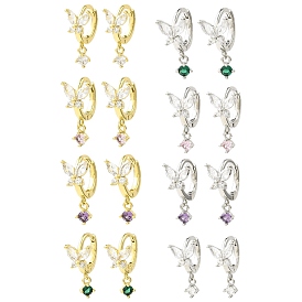 Butterfly Brass Dangle Hoop Earrings, with Clear Cubic Zirconia, Long-Lasting Plated, Lead Free & Cadmium Free