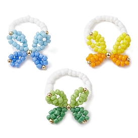 3Pcs 3 Colors Butterfly Glass Seed Beaded Stretch Finger Rings for Women, with Brass Beads