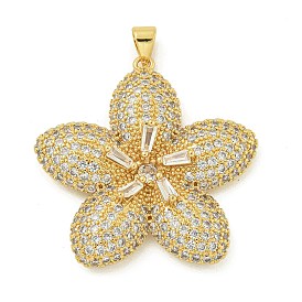 Rack Plating Brass Micro Pave Clear Cubic Zirconia Pendants, Long-Lasting Plated, Lead Free & Cadmium Free, Flower