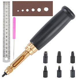 Пробойники для кожи с головками из латуни и стали, с прямой линейкой из нержавеющей стали и железным шилом для шитья кожи.