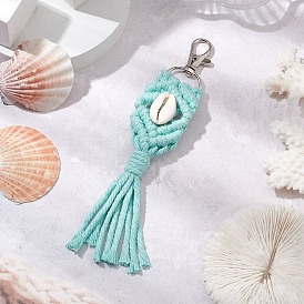 Handmade Macrame Cotton Threads & Natural Cowrie Shell Beads Pendant Decoration, Alloy Swivel Clasps Charms for Bag Ornaments