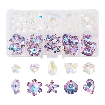 70Pcs 10 Style Electroplate Glass Pendants, Faceted, Heart & Butterfly & Snowflake & Fish & Shell Charms