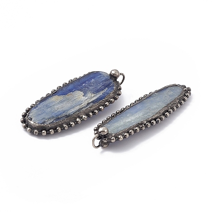 Natural Kyanite/Cyanite/Disthene Quartz Pendants, Oval Charms, with Antique Silver Tone Brass and Tin Findings