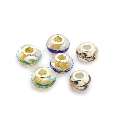 Handmade Gold Sand Lampwork European Large Hole Rondelle Beads, with Silver Color Plated Brass Double Cores, 15x10mm, Hole: 5mm