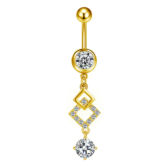 304 Кольца для живота с изогнутой штангой и ромбами из нержавеющей стали, инкрустированные прозрачным кубическим цирконием