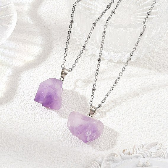 Raw Rough Natural Amethyst Nuggets Pendant 304 Stainless Steel Satellite Chain Necklaces for Women