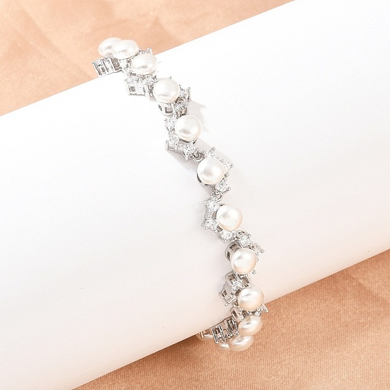 Теннисные браслеты из платиновой латуни с микропаве из кубических цирконий и пластикового жемчуга, браслеты для женщин, с группы часы застежками, долговечный