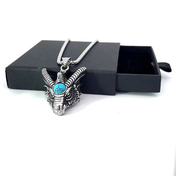 Мужские ожерелья с подвеской в виде головы дракона из нержавеющей стали с синтетической бирюзой