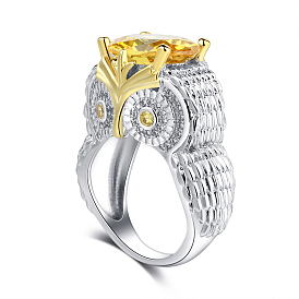 Cubic Zirconia Owl Finger Ring, Two Tone Brass Jewelry for Women