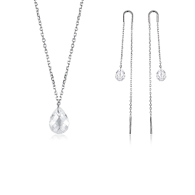 S925 Sterling Silver Clear Cubic Zirconia Teadrop Pendant Necklaces & Ear Threads Sets