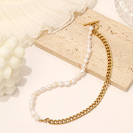 Collier de perles naturelles avec chaînes à maillons cubains en acier inoxydable