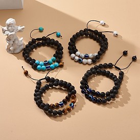 2Pcs 2 Style Natural Lava Rock & Gemstone Braided Bead Bracelets Set, Resin Evil Eye Lucky Stretch Bracelets for Men Women